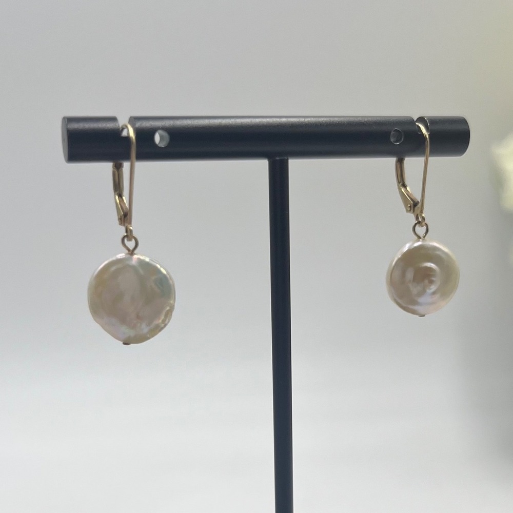 14K Solid Gold 12mm Freshwater
Coin Pearl Dangle Earrings
Leverback Stamped 1011